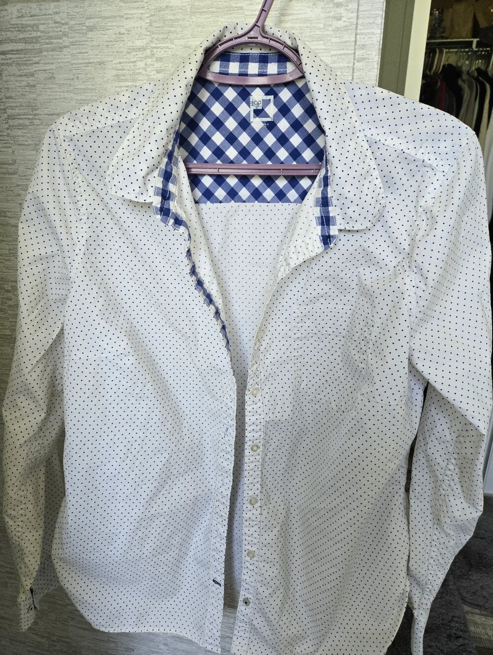 Womens 's White Micro-Polka Dot Button-Up Shirt with Blue Check Trim